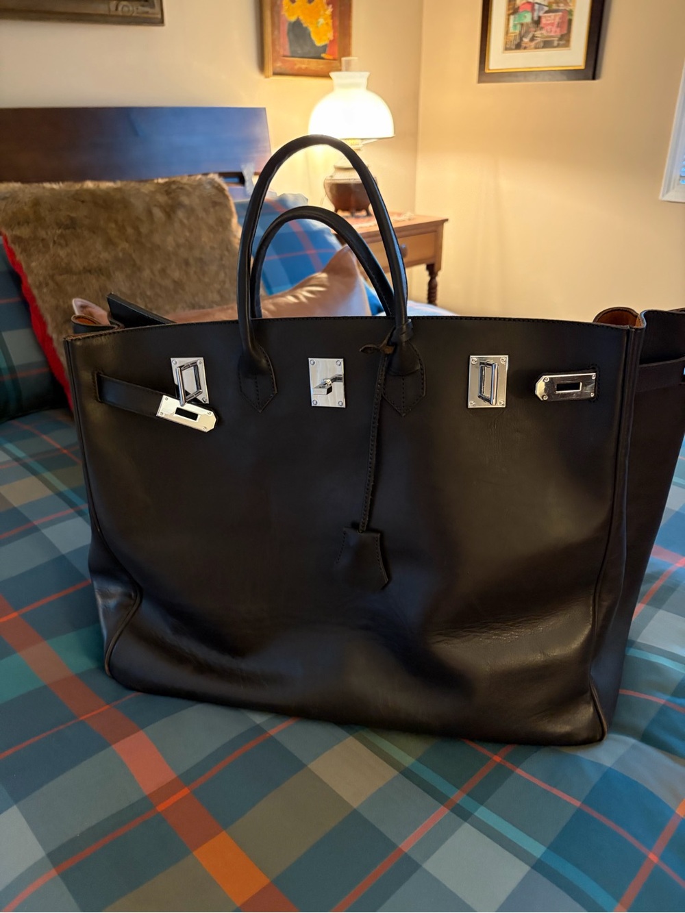 Brown Leather Tote Bag with Silver Hardware
